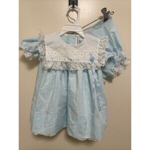 C.I. Castro & Co VTG Baby Girls Pinafore Style Blue Lace Dress Diaper Cover 18M